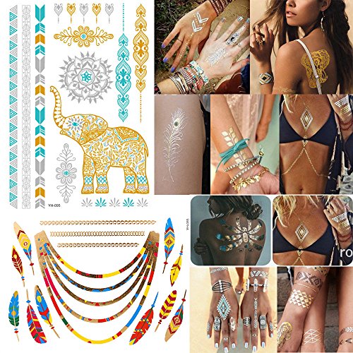 Hommii 10teile Tattoo Metallic Einmal Flash Klebe Temporary Gold Silber Henna Armband Kette Body