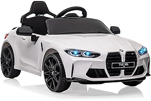 BALOVEBY Kinder Elektroauto lizenziert BMW M4 mit 2,4G-Fernbedienung, 12V Elektrofahrzeug für Kinder Geschwindigkeit 3 ​​km/h, Hupe, LED und Musik, für Kinder ab 3 Jahre (Weiß)