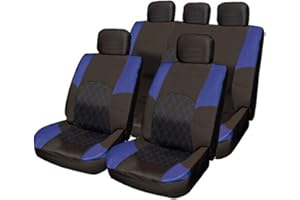 Wheels N Bits Cloth Car Saloon Hatchback Estate Seat Covers Set Split Rear Seat Included Steering Wheel Cover Glove an Shoulder Seat Belt Pads Plus Free Fitting Clips (Blue & Black)