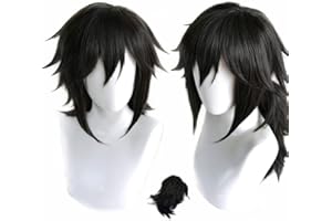 Liamiona Demon Slayer Tomioka Giyuu peruka cosplay, czarna, krótka, odporna na wysokie temperatury, włosy na Halloween, imprezę, kostiumy, peruka + czepek pod perukę