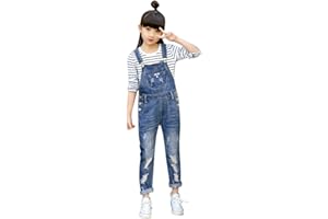 De feuilles Mädchen Latzhose Lang Hose Kinder Zerrissen Jeans Jumpsuit Pants Denim Overalls