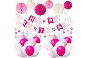 OHugs Happy Birthday Banner - Pink Birthday Decoration for Girls with Honeycomb Balls, Star Garland, Balloons - Ideal for Girls, Women, Princess Party