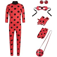 Yigoo Ladybug Mädchen Marienkäfer Kostüm Kinder Halloween Karneval Overall Party Cosplay 5er Set - Jumpsuit, Augenmaske…