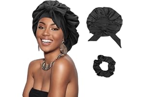 DRESHOW Gorro Saten Pelo Rizado Ajustable para Mujere Bonnet Seda para Dormir Gorro Seda Largo para Sueño con Banda Elástica para Mujeres
