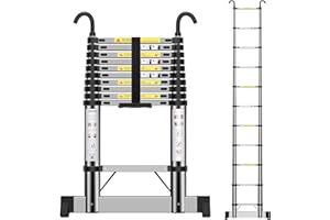 EOXCIIU Telescopic Ladder 3.2m, Stainless Steel Extendable Ladder with Hooks and stabiliser, Height Adjustment, Convenience for Home, Attic Access, etc.