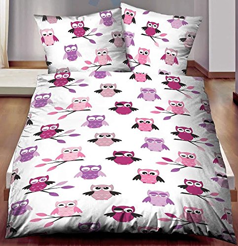 Aminata Kids – Bettwäsche 135×200 cm Eulen Mädchen Frauen Eule lila Baumwolle rosa rose flieder Eulenmotiv Teenager-Mädchen Eule Pastell-Rosa Pink Bettwäsche-Eule Linon mit Reißverschluss – Einzelbett - 7