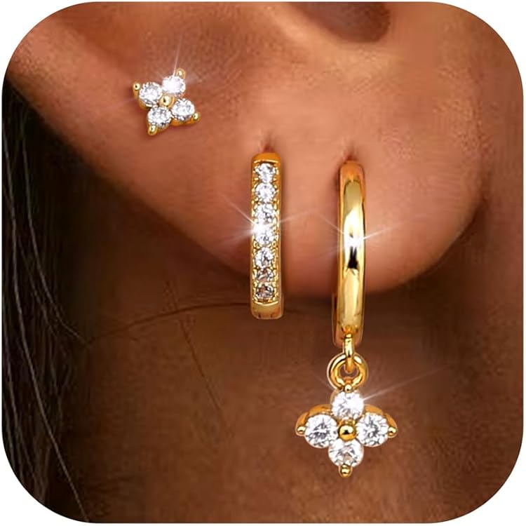 3er Set Gold-Creolen & Zirkonia Ohrstecker – 14K Vergoldet, Hypoallergen, 8 Mm & 10 Mm, In Geschenkbox