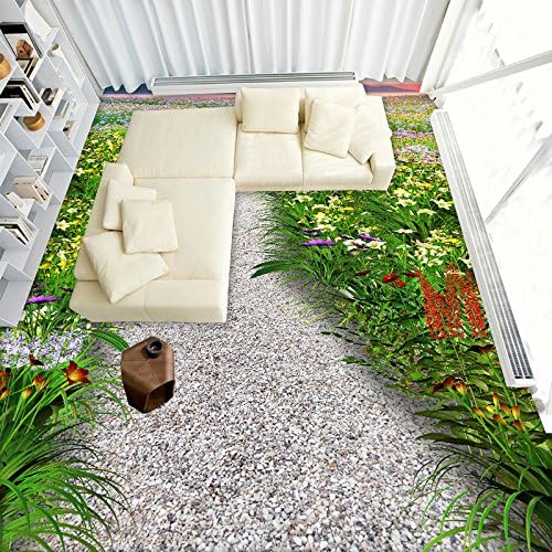 Ohcde Dheark Pastoral Flower Grass Small Road 3D Floor Tiles Mural Wallpaper Custom Stickers Living Room Bathroom Flooring Pvc Self-Adhesive 400cmX280cm(157.5 by 110.2 in )
