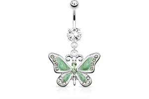 Paula & Fritz N14964 kolczyk do pępka ze stali szlachetnej stali chirurgicznej 316L wisiorek motyl z cyrkonią zielony czarny różowy e stal szlachetna, colore: zielony, cod. N14964_G