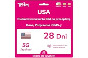 TSIM Karta SIM do USA na podróż do USA. Prepaid. Sieć T-Mobile z nielimitowanymi danymi, połączeniami i wiadomościami. Karta SIM 5G! (28 dni)