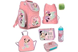 Familando Minnie Maus Schulranzen-Set 7-TLG. Federmappe Mal- / Bastelschürze und Regenschutz rosa Minni Mouse