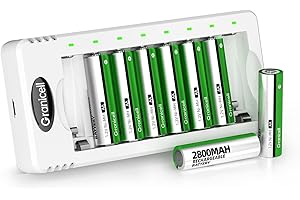 Granicell AA Rechargeable Batteries with Charger, 8-Bay Smart Battery Charger with 8 Pcs 2800mAh High Capacity NiMH AA Batteries, USB Smart Charging