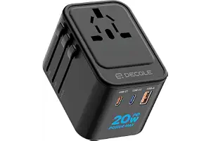 decqle Adaptador Enchufe Universal con 2 USB-C(PD 20W) ＆ 1 USB-A para Viaje | Adaptador de Viaje, NO Un Convertidor de Tensión, para EU, Reino Unido, Americano, Canadá, Australia & 200+ País (Negro)