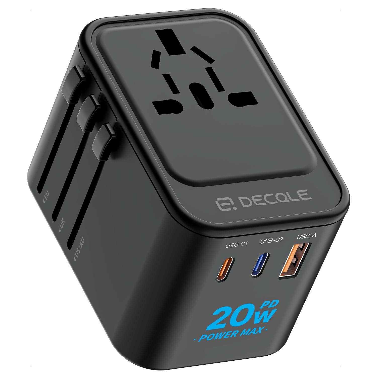decqle Adattatore Universale da Viaggio, con 2 USB-C e 1 USB-A e 1 AC Adattatore, Presa Universale da Viaggio, per Germania America Australia e 224+ Paese(nero)