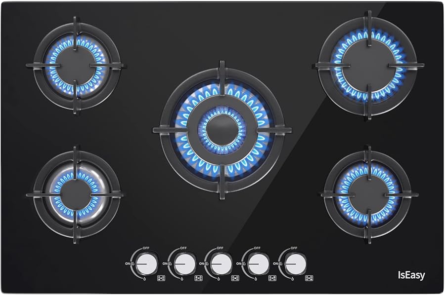 Built-in 5 Burner Gas Hob, 77 cm, 10500W, Flame-Out Protection, Natural Gas/Propane/Butane, Black Glass (Recessed Size: 73 x 48 cm)