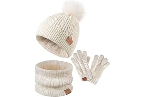 ZUPPAD Hat Scarf and Gloves Set Kids, Winter Bobble Hat Beanie Knit Neck Warmer Gaiter Snood Scarf Gloves Fleece Lined Gifts Set for Girls Toddler Children