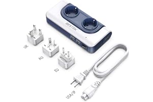 BESTEK Transformateur Convertisseur de Voyage 200W Adaptateur de Voyage Version Améliorée AC 100V-120V à AC 230V 10V avec 2 Prises EU et 4 Ports USB 3 Adaptateurs Prises (USA,UK,EU,AUS...) -Bleu