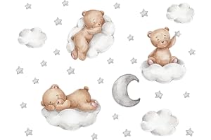 duoyif Naklejka na ścianę z motywem misia, motyw misia, z chmurami, gwiazdami, księżycem, naklejka ścienna, tatuaż ścienny, do pokoju dziecięcego, pokoju dziecięcego, pokoju zabaw, dekoracja ścienna