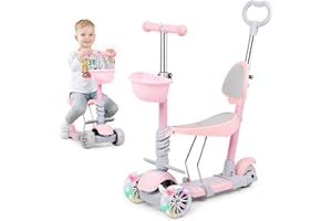 Birtech Kids Kick Scooter 3 Wheels Scooter for Toddler 5 in 1 Scooter for Kids-with Removable Seat and Push Rod, Adjustable Height Kick Scooter for Girls & Boys 2-6 Years Old