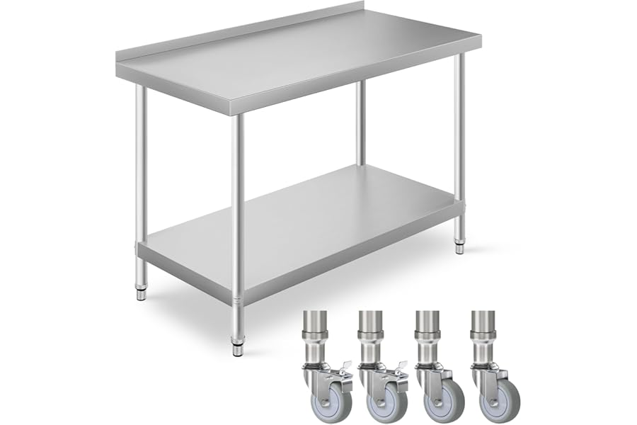 DKIEI 120 x 60 x 80cm Kitchen Catering Table, Stainless Steel Food Prep Table, Rolling Commercial Work Table with 4 Wheels & 3.5CM Worktop Backsplash, Heavy Duty Food Preparation Workbench