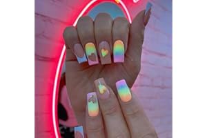 TMUT 24pcs French Tip False Nails Short Square, Rainbow Press on Nails Heart Design Stick on Nails Removable Glue-on Nails Full Cover Fake Nails Women Girls Nail Art Accessories
