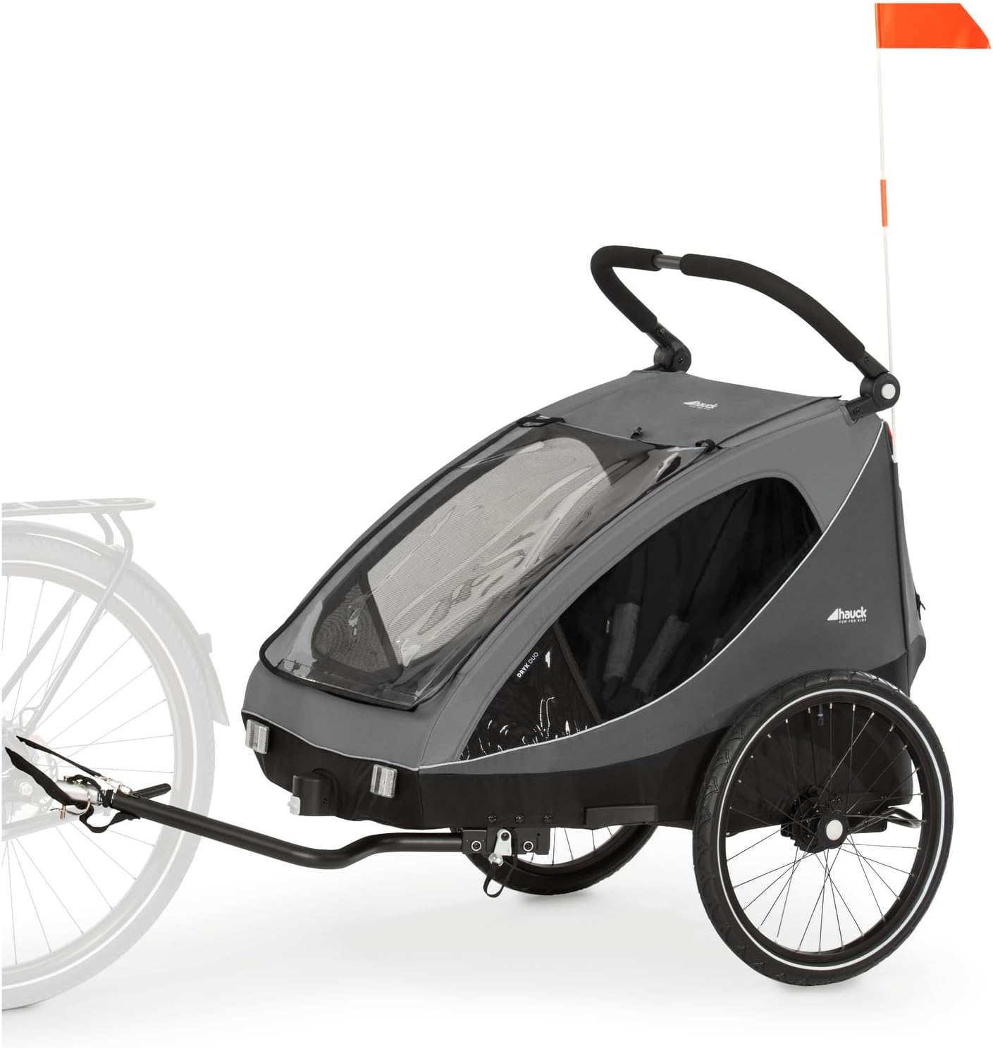 hauck Remolque Bicicleta Niños 2 Plazas Dryk Duo - Carro Bici Infantil Completo desde 6 Meses hasta 22 kg - Enganche Incluido - Silla de Paseo Gemelar Maletero XL - Plegable - Gris