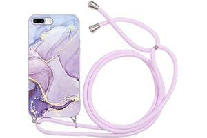 ZhuoFan Handykette für iPhone 7 Plus/8 Plus Hülle mit Band, Aesthetic Marmor Muster Verstellbarer Halskette Handyhülle mit Kordel zum umhängen, Violett Silikon Stoßfest Schutzhülle mit Kette, Marble