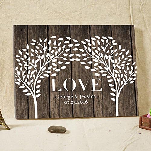 Vintage Persoanlized Wedding Guest Book Alternative Double Trees on Art Canvas Custom LOVE Wedding Guestbook Poster with Leaves for Signature 16x20 Inches Wedding Gfits for 100 Guests