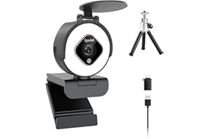 Spedal Webcam 1080P 60FPS avec Anneau Lumineux et 5X Zoom, Microphone, HDR, Couvercle de privacité, Autofocus Live Streaming Caméra Web avec Trépied pour OBS, Skype, Linux macOS Windows
