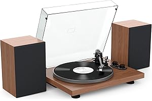 Udreamer Platine Vinyle Système Hi-FI avec Enceintes d'étagère 40 W, lecteurs de Vinyle Bluetooth avec Plateau en Aluminium, entraînement par Courroie 2 Vitesses contrepoids réglable AT-3600L Marron
