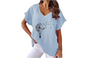 NUSGEAR 2023 Camiseta Manga Corta Mujer, Verano Algodón y Lino Moda Impresión Blusa Camisa Cuello en V Basica Camiseta Elegant Suelto Tops Casual Fiesta Cómodo T-Shirt Original tee Playa
