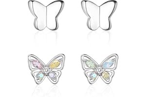 DUINIU 2 pairs of butterfly sterling silver earrings, cute butterfly earring set, hypoallergenic sterling silver earrings, silver butterfly earring set