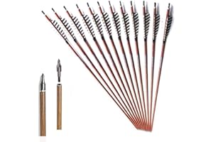 ACCMOS 6/12 pz Tiro con L'Arco Frecce in Carbonio Spine 400 450 500 550 600 700 32 Pollici Pelle di Legno Freccia di Caccia con 5"Vera Piuma, per Longbow Arco Ricurvo Tiro