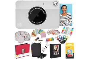 Kodak Printomatic Instant Camera (Grey) All-In-Bundle + Zink Paper (20 Sheets) + Deluxe Case + Photo Album + 7 Unique Sticker Sets + Markers + Scissors + Border Stickers and So Much More