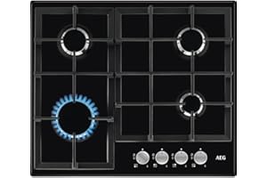 AEG 3000 Gas Hob 60cm, 4 Cooking Zones HGX64200SB, Iron Grid Pan Supports, Speed Burners, Integrated ignition, Automatic Gas Shut-off, Quick Heat Up, Less Energy Consumption, 594x510mm, Black