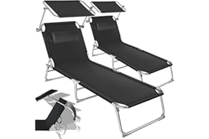 TecTake® Set de 2 Chaise Longue Pliante Bain de Soleil Exterieur avec Pare Soleil & Appuie-tête Chaise Longue inclinable Transat de Plage Relax Jardin Camping Salon de Jardin Exterieur - Noir