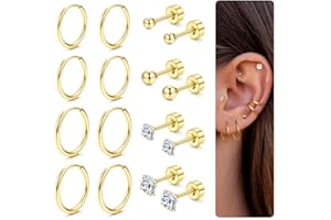 Dochais 8 Pairs Earring Set, 316L Surgical Steel Earrings, 14K Gold Plated Cubic Zirconia Round Stud Earrings, Hypoallergenic Cartilage Huggie Hoop Earrings, Multiple Piercing