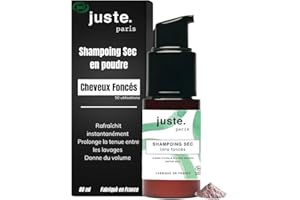 JUSTE PARIS Juste.Paris Shampoing Sec Poudre Bio Sans Aérosol - Cheveux Foncés - 50 utilisations - Absorbe le Sébum, Redonne Volume et Douceur – Parfum Yuzu - Fabriqué en France