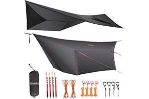 onewind Bâche de hamac de 3,7 m, légère et imperméable en silnylon, bâche de camping polyvalente avec portes et accessoires complets, facile à installer avec sac de rangement, piquets de tente, gris