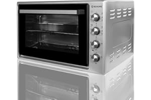 BEHOME Horno eléctrico ventilado 70L con asador, autolimpiante, esmaltado, temperatura hasta 320° doble vidrio con luz interior y temporizador, 1 asador, 2 bandejas y 1 parrilla (gris)