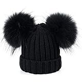 Beanies kantlös stickad mössa, en ullhatt med två pälsbollar för höst och vinter