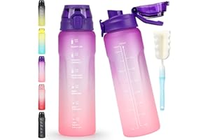CodiCile Bouteille d'eau de 1 L, bouteille d'eau de sport avec paille et couvercle à port d'eau, deux façons de boire, bouteille d'eau anti-fuite, bureau en plein air, violet et rose