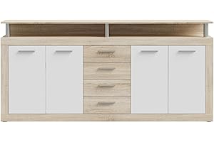 ‎FORTE FORTE Cava Kommode mit 4 Türen, 4 Schubladen und Aufsatz, Holzwerkstoff, Sonoma Eiche Dekor mit Weiß, B x H x T: 197,5 x 94,4 x 36,3 cm