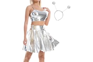 IBAKOM Damen Hologramm Rave Outfit 3 TLG Glänzendes Crop Top Leder Minirock Alien Stirnband Musikfestival Club Partykleid 80er Disco Tanzkleid