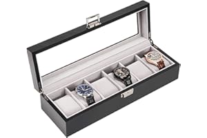 ProCase Pudełko na zegarek z 6 przegródkami, drewniana skrzynka ze szklaną pokrywką, walizka z poduszką, do przechowywania zegarków dla mężczyzn, organizer