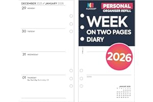 NBPLANNER 2026 Week on two pages diary refill insert | January 2026 – December 2026 | COMPATIBLE with Filofax Personal size 6-ring organisers | 95 x 171 mm