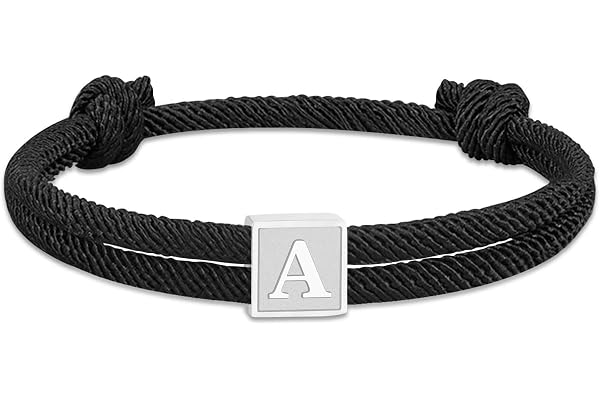 Esmoly Bracelet Homme Argent Lettre A-Z Noir Corde Bracelet Tressé Réglable Cadeau Homme Garçon 