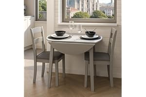 Homely - Conjunto de Comedor Dallas Grey | Mesa de Cocina Redonda Extensible de 90 cm (17,5/55 / 17,5) cm. | Mesa con 2 alas abatibles | 2 sillas de Cocina/Comedor de Madera Lacado en Gris