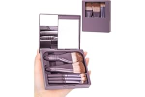 PGRODE Makeup Brushes in Travel Size, Mini Set with Hard Case and Integrated Mirror, 5 Small Cosmetic Brushes, Travel Kit for Women, Girls, Gift (Dark Violet)