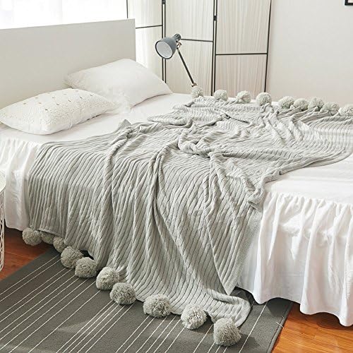 FNKSCRAFT® Reversible 100% Cotton Knit Throws Pompoms Lovely Lounge Cover Knitted Blanket (39"WX59"L, grey)